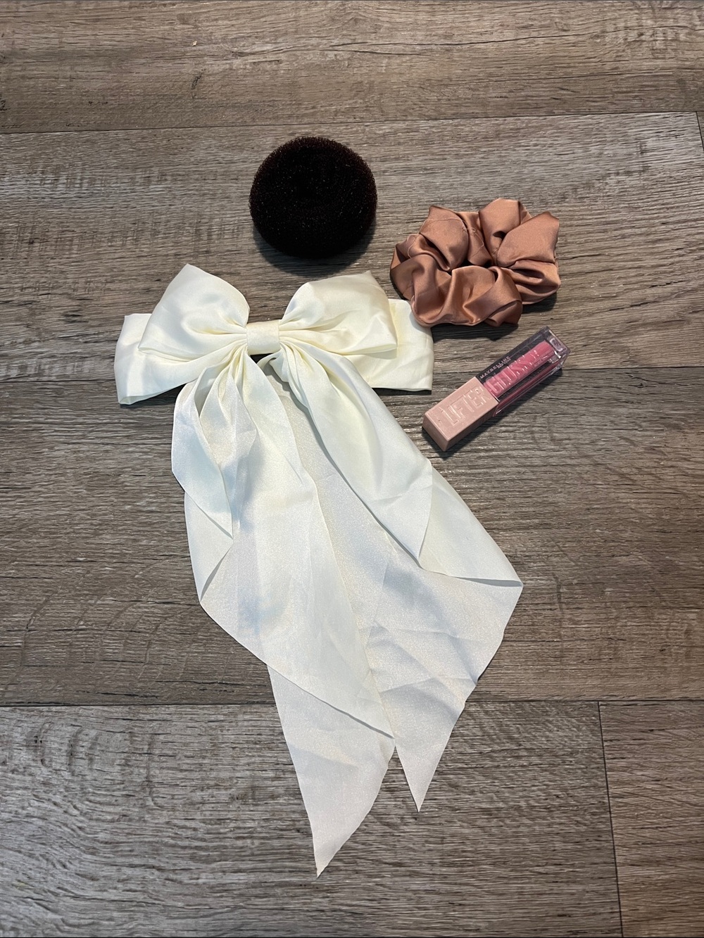 Ivory Satin Bow Hair Scarf with Brown Scrunchie Set